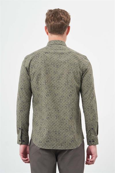 Haki Uzun Kol Yarım İtalyan Yaka Cepsiz Pamuklu Classic Slim Fit Gömlek 1004245222