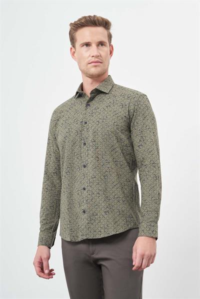 Haki Uzun Kol Yarım İtalyan Yaka Cepsiz Pamuklu Classic Slim Fit Gömlek 1004245222