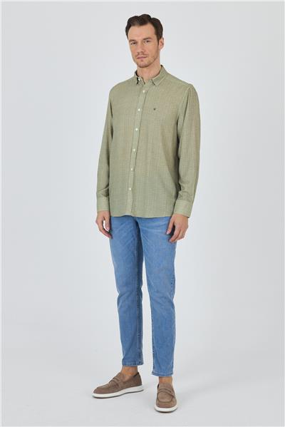 Koyu Haki Uzun Kol Baskılı Cepsiz Keten Casual Comfort Fit Gömlek 1004250112