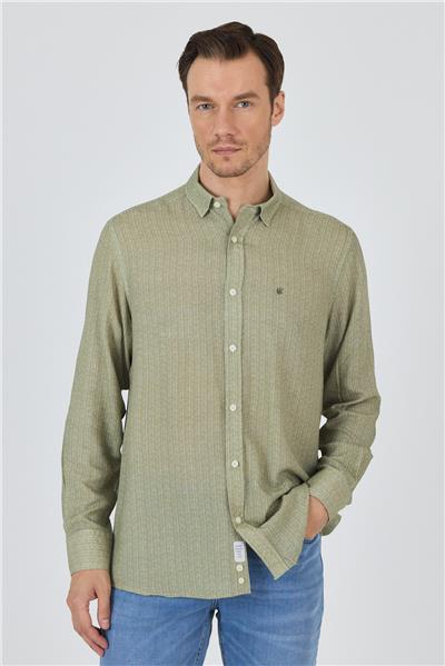 Koyu Haki Uzun Kol Baskılı Cepsiz Keten Casual Comfort Fit Gömlek 1004250112