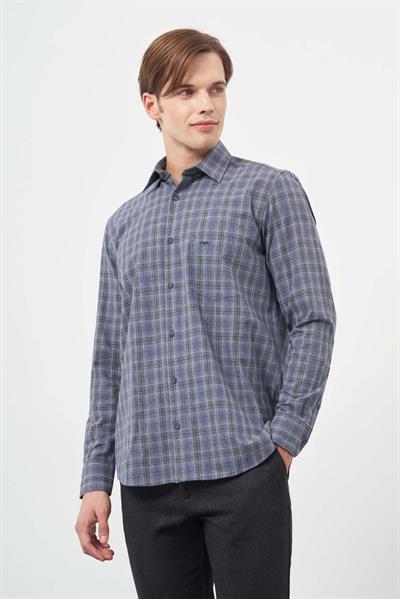 Koyu Haki Uzun Kol Ekose Desen Cepli Pamuklu Classic Comfort Fit Gömlek 1004245212