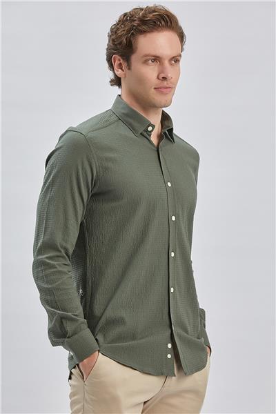 Koyu Haki Uzun Kollu Biritli Yaka Biyeli Pamuklu Likralı Casual Slim Fit Gömlek 1004240232