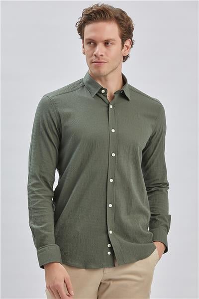 Koyu Haki Uzun Kollu Biritli Yaka Biyeli Pamuklu Likralı Casual Slim Fit Gömlek 1004240232