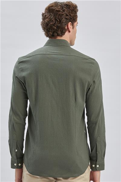 Koyu Haki Uzun Kollu Biritli Yaka Biyeli Pamuklu Likralı Casual Slim Fit Gömlek 1004240232