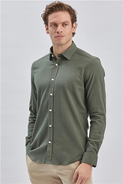 Koyu Haki Uzun Kollu Biritli Yaka Biyeli Pamuklu Likralı Casual Slim Fit Gömlek 1004240232