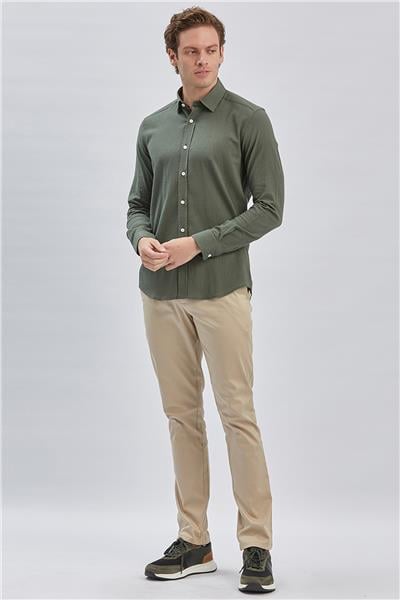 Koyu Haki Uzun Kollu Biritli Yaka Biyeli Pamuklu Likralı Casual Slim Fit Gömlek 1004240232