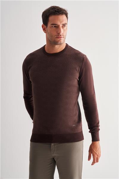 Koyu Kahverengi Bisiklet Yaka Uzun Kol Cepsiz Comfort Fit Pamuklu Triko Kazak 1012255216