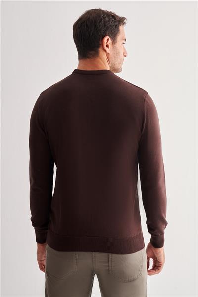 Koyu Kahverengi Bisiklet Yaka Uzun Kol Cepsiz Comfort Fit Pamuklu Triko Kazak 1012255216