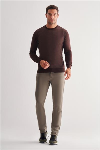 Koyu Kahverengi Bisiklet Yaka Uzun Kol Cepsiz Comfort Fit Pamuklu Triko Kazak 1012255216