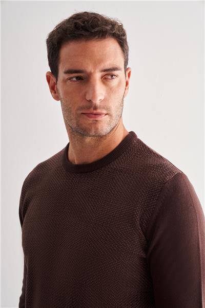 Koyu Kahverengi Bisiklet Yaka Uzun Kol Cepsiz Comfort Fit Pamuklu Triko Kazak 1012255216