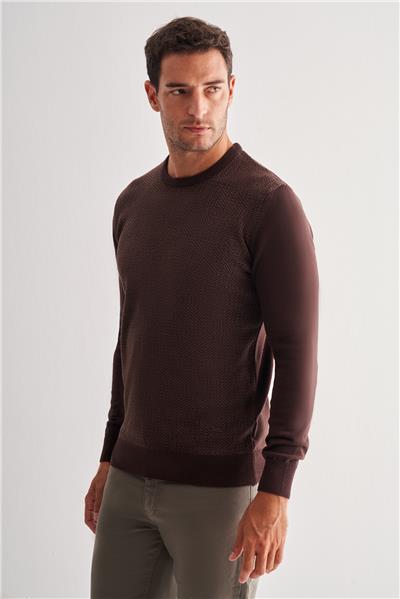 Koyu Kahverengi Bisiklet Yaka Uzun Kol Cepsiz Comfort Fit Pamuklu Triko Kazak 1012255216