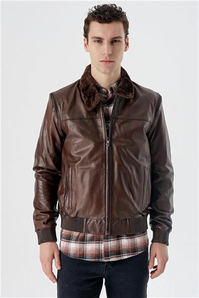 Koyu Kahverengi Gömlek Yaka Hakiki Deri Comfort Fit Rahat Kesim Casual Mont 1038235208