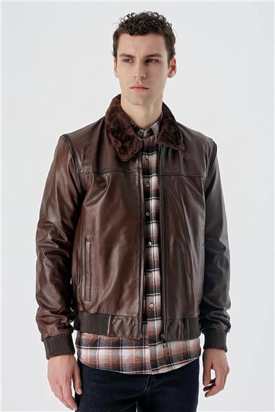 Koyu Kahverengi Gömlek Yaka Hakiki Deri Comfort Fit Rahat Kesim Casual Mont 1038235208