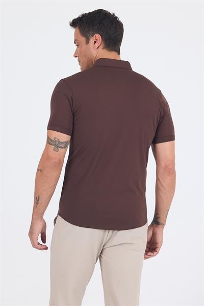 Koyu Kahverengi italyan Düğmeli Yaka Kısa Kol Cepsiz Slim Fit Gömlek 1004250255