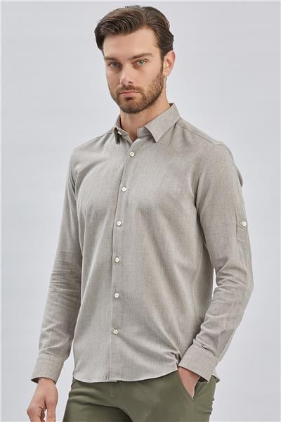 Koyu Kahverengi Kısalabilir Kollu Armürlü Biritli Yaka Pamuklu Casual Slim Fit Gömlek 1004240202