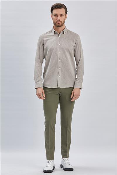 Koyu Kahverengi Kısalabilir Kollu Armürlü Biritli Yaka Pamuklu Casual Slim Fit Gömlek 1004240202