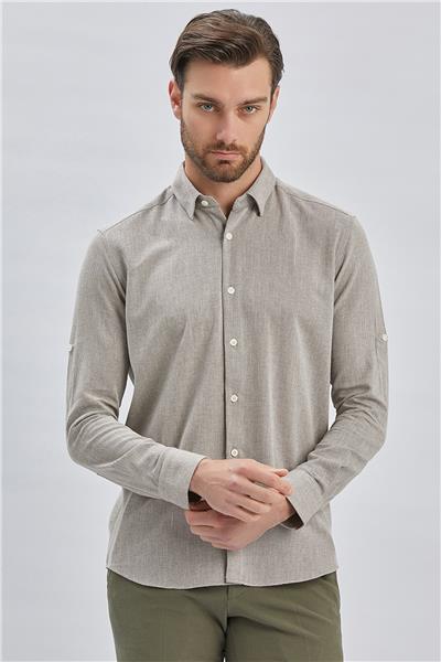 Koyu Kahverengi Kısalabilir Kollu Armürlü Biritli Yaka Pamuklu Casual Slim Fit Gömlek 1004240202