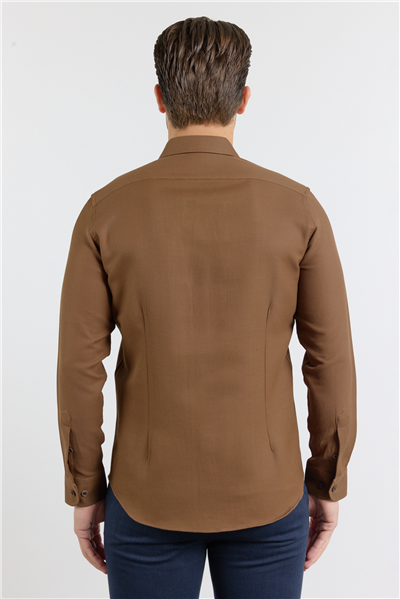 Koyu Kahverengi Perfetto Düğmeli Yaka Uzun Kol Cepsiz Slim Fit Cls Gömlek 1004255173