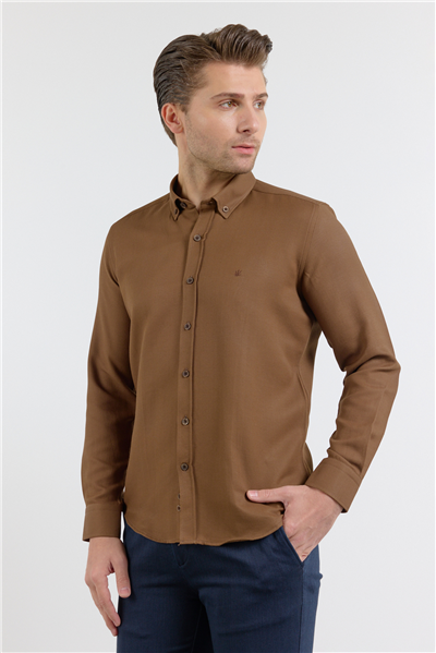 Koyu Kahverengi Perfetto Düğmeli Yaka Uzun Kol Cepsiz Slim Fit Cls Gömlek 1004255173