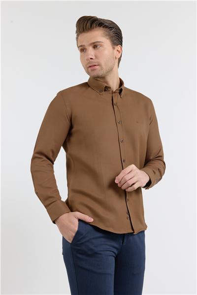 Koyu Kahverengi Perfetto Düğmeli Yaka Uzun Kol Cepsiz Slim Fit Cls Gömlek 1004255173