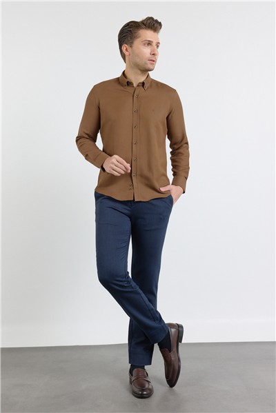 Koyu Kahverengi Perfetto Düğmeli Yaka Uzun Kol Cepsiz Slim Fit Cls Gömlek 1004255173