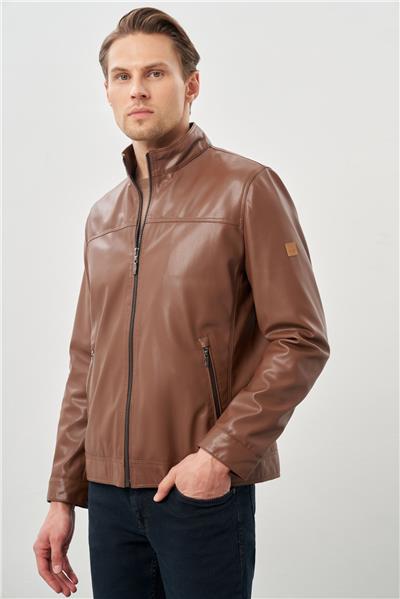 Koyu Kahverengi Suni Deri Hakim Yaka Düz Yırtmaçsız Tam Astar Slim Fit Casual Deri Mont 1038245151