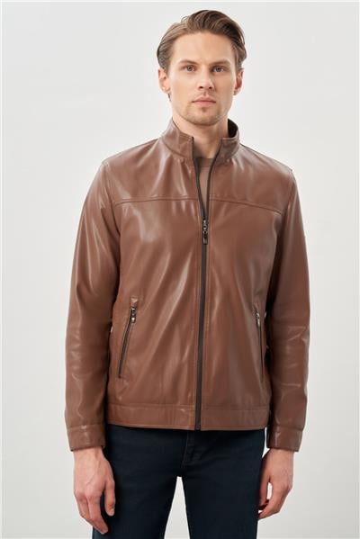 Koyu Kahverengi Suni Deri Hakim Yaka Düz Yırtmaçsız Tam Astar Slim Fit Casual Deri Mont 1038245151