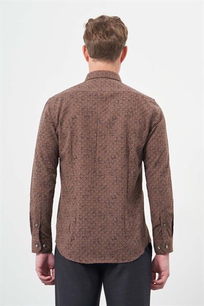 Kahverengi Uzun Kol Yarım İtalyan Yaka Cepsiz Pamuklu Classic Slim Fit Gömlek 1004245222