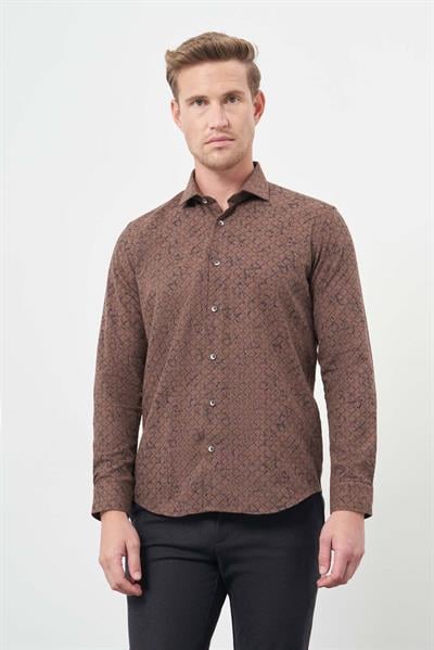 Kahverengi Uzun Kol Yarım İtalyan Yaka Cepsiz Pamuklu Classic Slim Fit Gömlek 1004245222