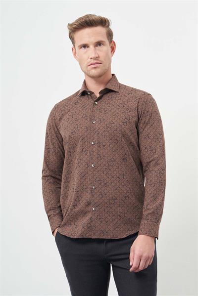 Kahverengi Uzun Kol Yarım İtalyan Yaka Cepsiz Pamuklu Classic Slim Fit Gömlek 1004245222