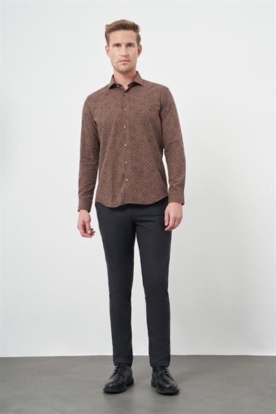 Kahverengi Uzun Kol Yarım İtalyan Yaka Cepsiz Pamuklu Classic Slim Fit Gömlek 1004245222