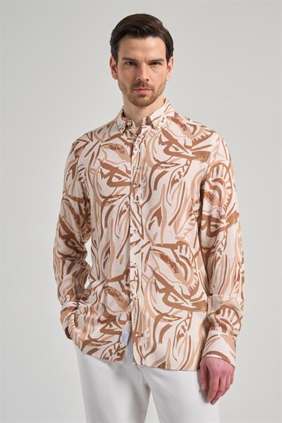 Kahverengi Uzun Kol Baskılı Düğmeli Yaka Cepsiz Casual Slim Fit Gömlek 1004250138