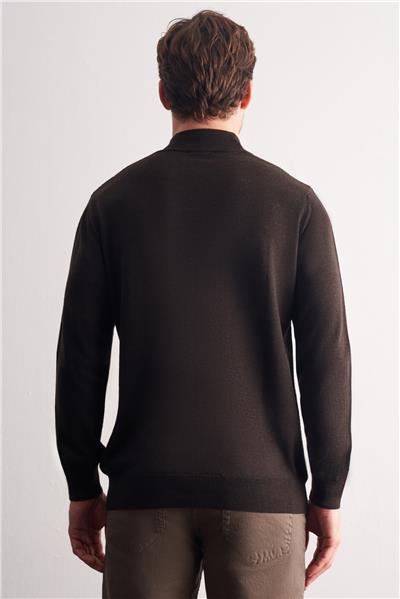 Kahverengi Yarım Balıkçı Yaka Uzun Kol Cepsiz Comfort Fit Pamuklu Triko Kazak 1012255212