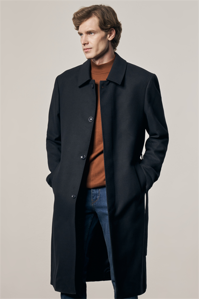 Koyu Lacivert 115 Cm Kaşe Polo Yaka Düz Esnek Garnisiz-Biyesiz Comfort Fit Palto 1005255150