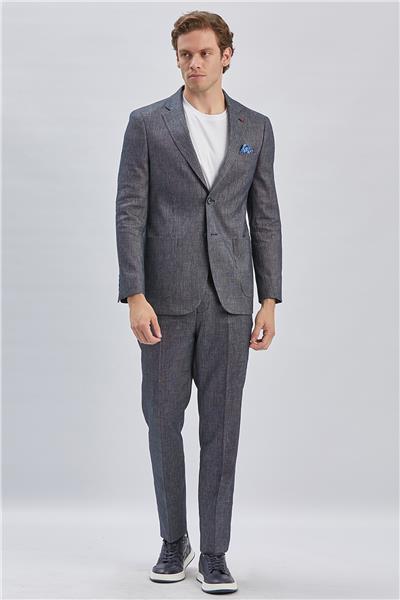 Koyu Lacivert Armürlü Mono Yaka Keten Karışımlı 6 Drop Slim Fit Casual Takım Elbise 1001240169