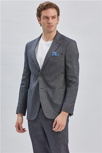 Koyu Lacivert Armürlü Mono Yaka Keten Karışımlı 6 Drop Slim Fit Casual Takım Elbise 1001240169