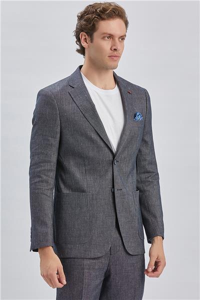 Koyu Lacivert Armürlü Mono Yaka Keten Karışımlı 6 Drop Slim Fit Casual Takım Elbise 1001240169