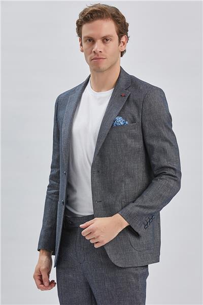 Koyu Lacivert Armürlü Mono Yaka Keten Karışımlı 6 Drop Slim Fit Casual Takım Elbise 1001240169