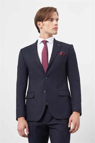 Koyu Lacivert Armürlü Mono Yaka Tam Astar Esnek 6 Drop Slim Fit Classic Takım Elbise 1001245175