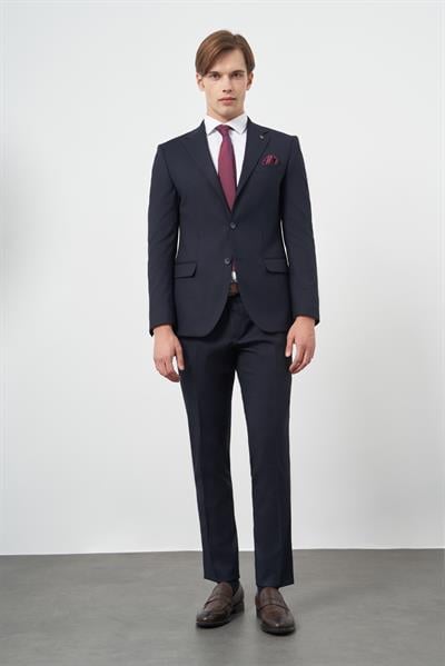 Koyu Lacivert Armürlü Mono Yaka Tam Astar Esnek 6 Drop Slim Fit Classic Takım Elbise 1001245175