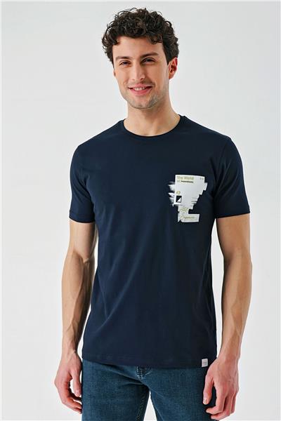 Koyu Lacivert Baskılı Bisiklet Yaka Casual Slim Fit Tişört 1011240166