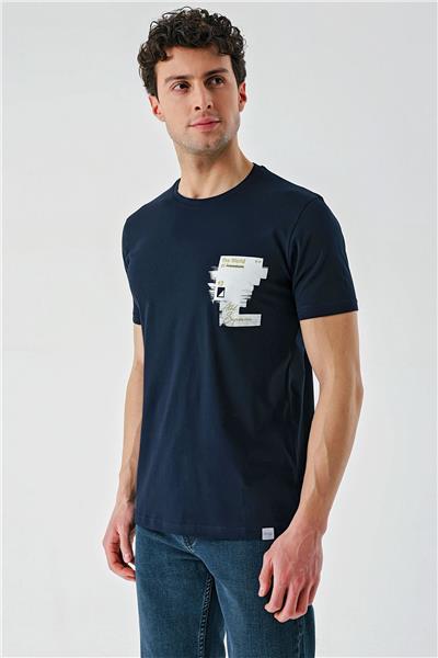 Koyu Lacivert Baskılı Bisiklet Yaka Casual Slim Fit Tişört 1011240166