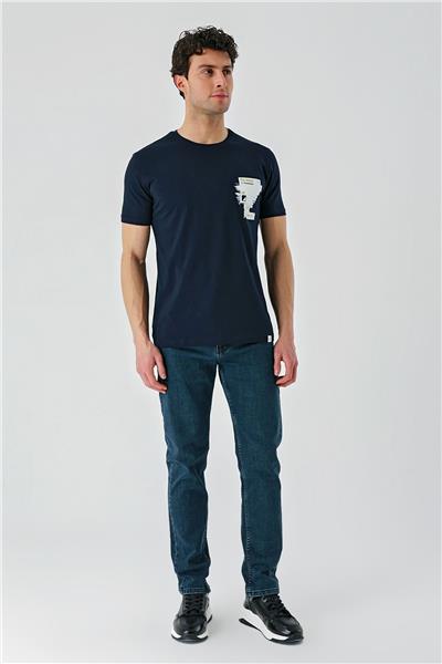 Koyu Lacivert Baskılı Bisiklet Yaka Casual Slim Fit Tişört 1011240166