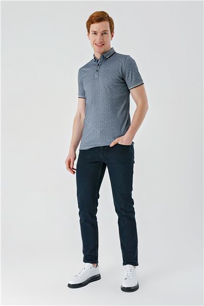 Lacivert Baskılı Oxford Düğmeli Yaka Cepli Pamuklu Casual Slim Fit Dar Kesim Tişört 1011240177