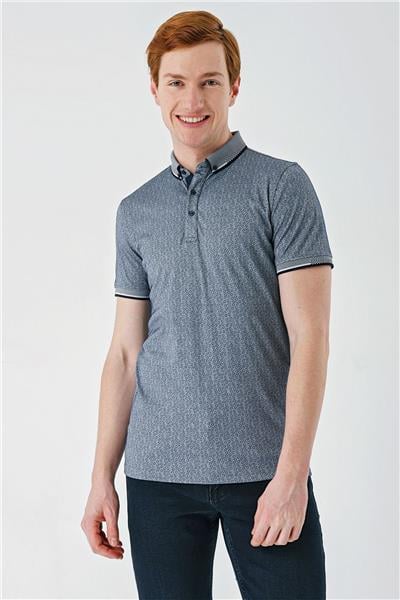 Lacivert Baskılı Oxford Düğmeli Yaka Cepli Pamuklu Casual Slim Fit Dar Kesim Tişört 1011240177