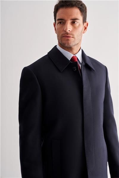 Koyu Lacivert Berberi Yaka Tam Astar Classic Comfort Fit Esnek Kaşe Palto 1005255152