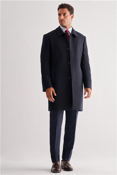 Koyu Lacivert Berberi Yaka Tam Astar Classic Comfort Fit Esnek Kaşe Palto 1005255152