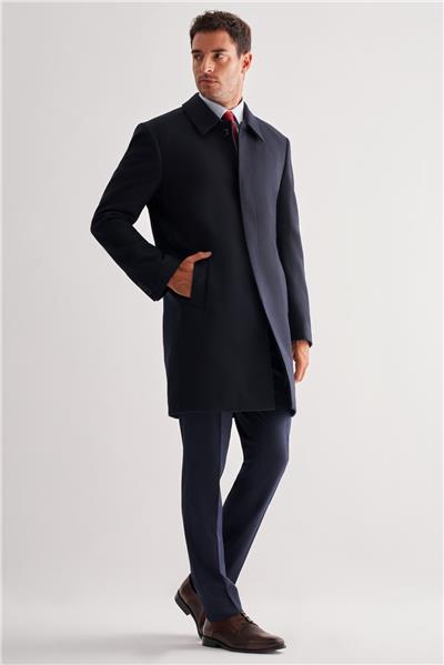 Koyu Lacivert Berberi Yaka Tam Astar Classic Comfort Fit Esnek Kaşe Palto 1005255152