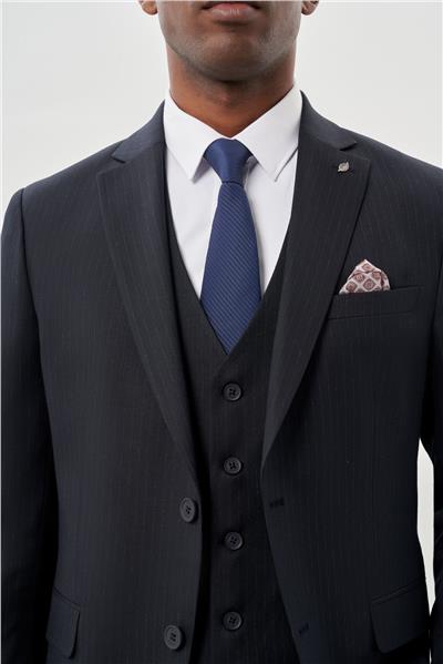 Koyu Lacivert Bez Ayağı Kılıç Yaka Tam Astar Yelekli 6 Drop Slim Fit Takım Elbise 1001245177