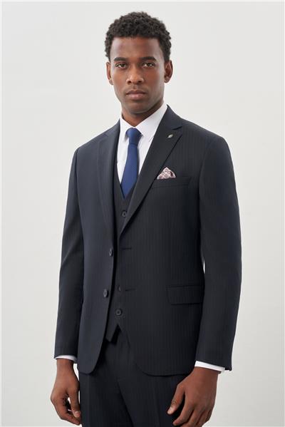 Koyu Lacivert Bez Ayağı Kılıç Yaka Tam Astar Yelekli 6 Drop Slim Fit Takım Elbise 1001245177